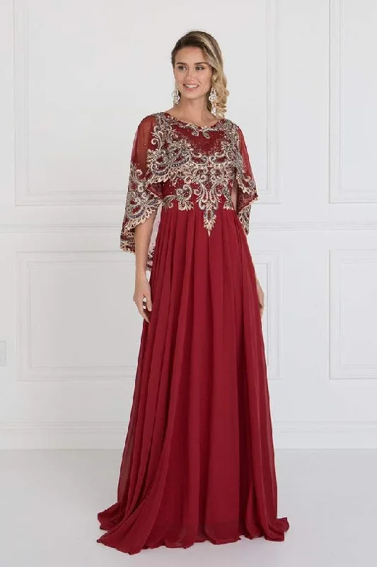 Elizabeth K - Embroidered Cape Sleeves Chiffon A-Line Dress GL1527