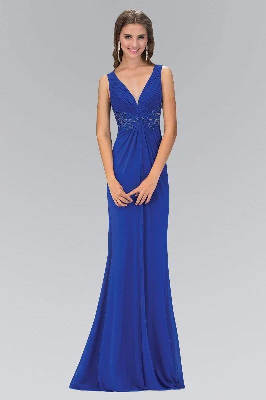 Elizabeth K GL1377 Embellished Ruched V-Neck A-line Dress - 1 Pc Royal Blue in Size XS Available