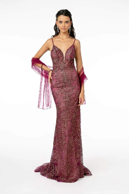 Elizabeth K - GL2989 Embellished Deep V-Neck Trumpet Dress