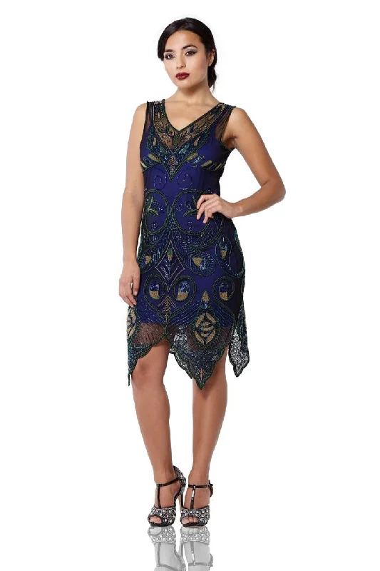 Emma Flapper Style Peacock Dress in Navy Blue