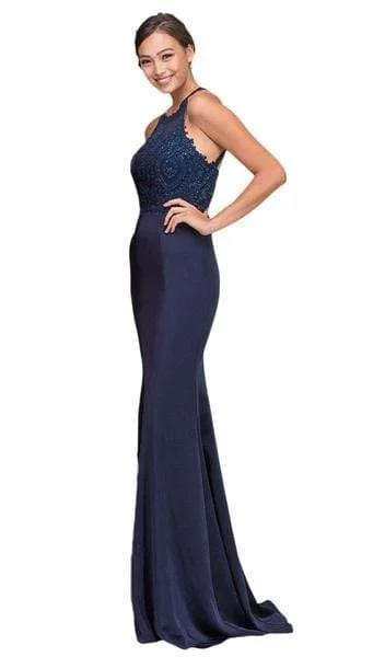 Eureka Fashion - Applique Halter Stretch Satin Trumpet Dress 7133 - 1 pc Navy In Size L Available