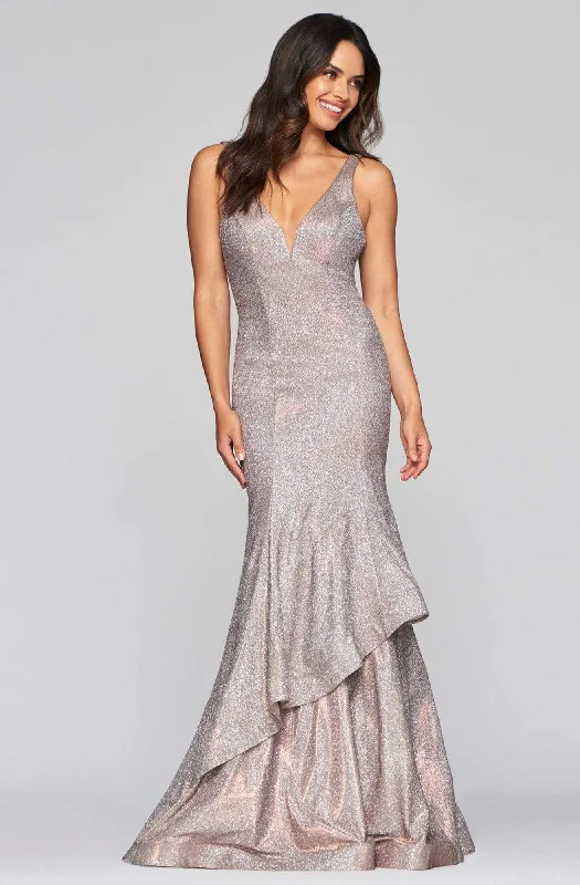 Faviana - S10454 Deep V-neck Metallic Jersey Trumpet Dress