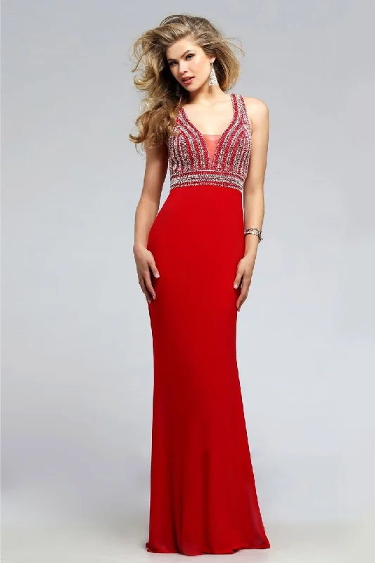 Faviana - S7805 Eye-Catching Jersey Dress with Plunging Neckline - 1 pc Red In Size 4 Available