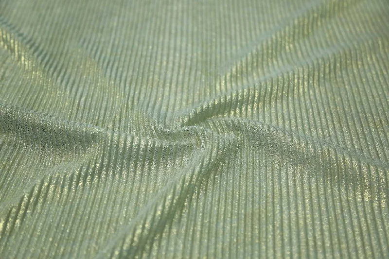 Golden Foil on Aqua Blue Pleated Foil Knit Fabric