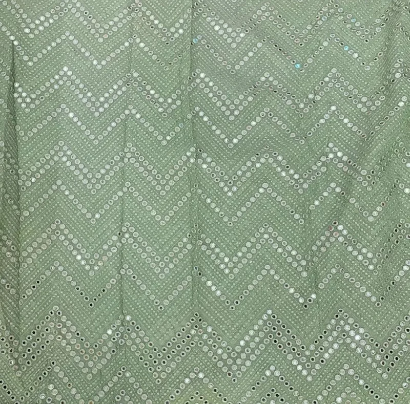 Green Chevron Mirror Embroidered Dyeable Viscose Georgette Fabric