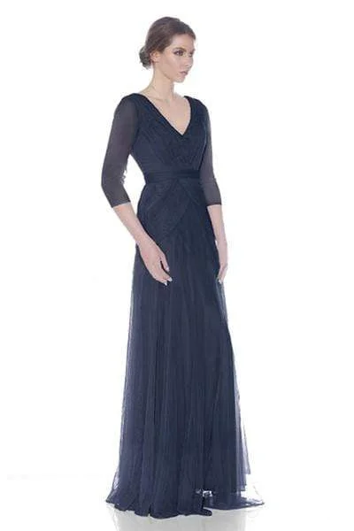 J'Adore Dresses - Quarter Length Sleeve Ruched V-neck A-line Dress J7012 - 1 pc Navy In Size 24 Available