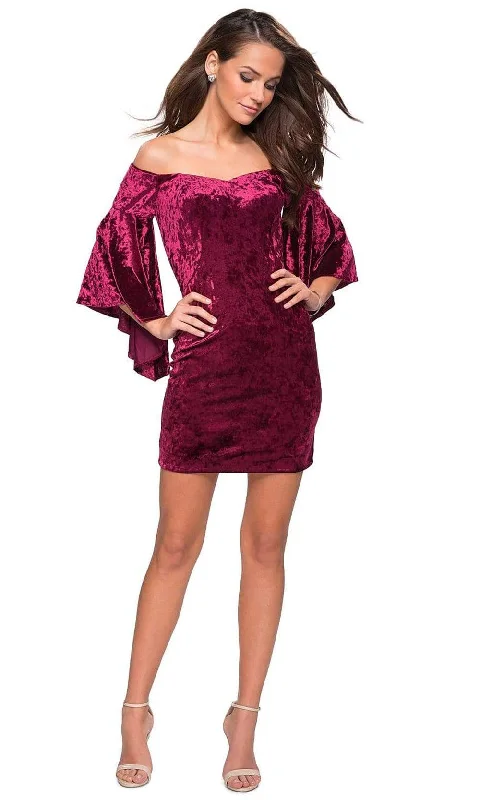 La Femme - Off Shoulder Quarter Length Bell Sleeves Velvet Dress 26640SC - 1 pc Wine In Size 10 Available