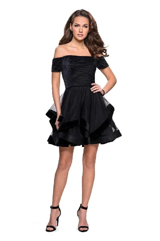 La Femme Stripe Velvet Off Shoulder Tiered Dress 26751