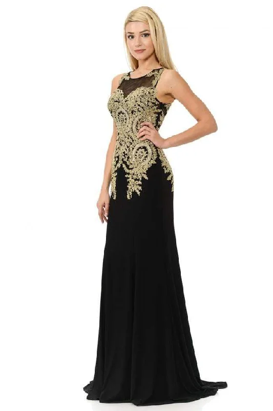 Lenovia - 8102 Gilded Jewel Neck Trumpet Dress With Train