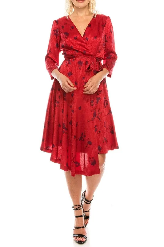 London Times - T4839M Three Quarter Sleeve Twill Faux Wrap Dress