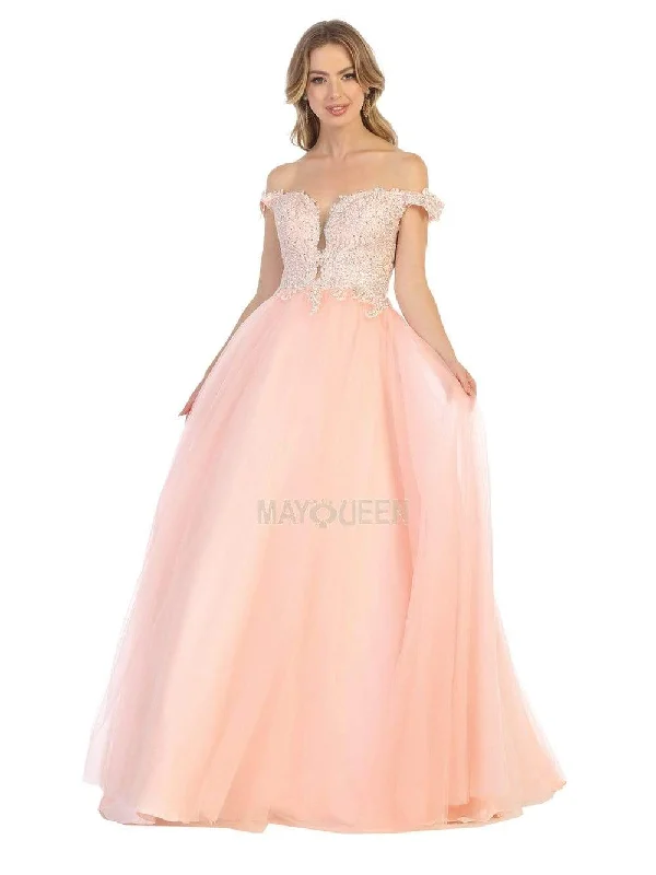 May Queen - MQ1734 Illusion Plunged Appliqued Off Shoulder Dress