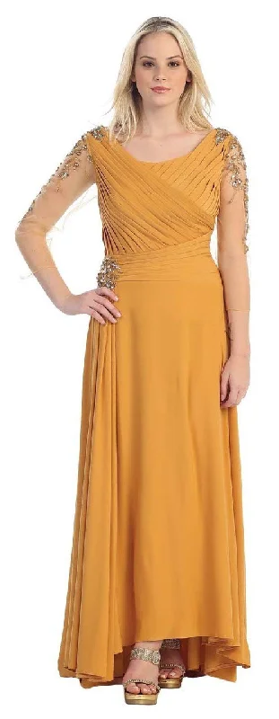 May Queen MQ970 Quarter Length Pleated and Jeweled Bateau NeckDress