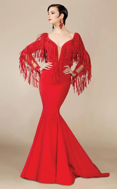 MNM Couture - 2340 Fringe Deep V-neck Mermaid Dress