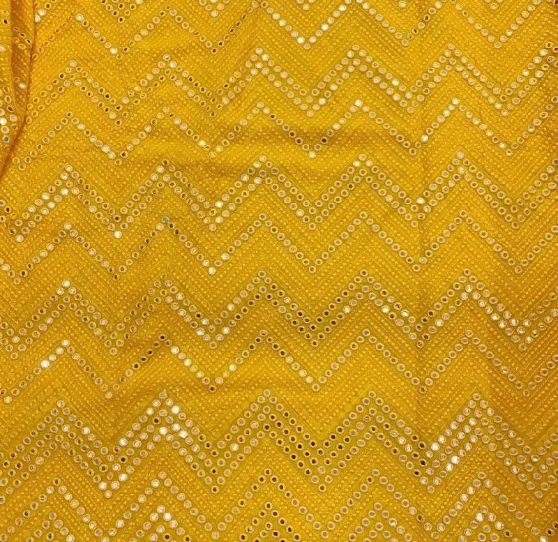 Mustard Chevron Mirror Embroidered Dyeable Viscose Georgette Fabric