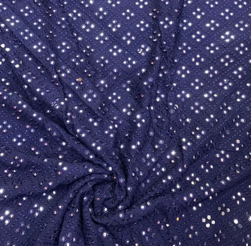 Navy Blue Geometric Mirror Embroidered Viscose Georgette Fabric