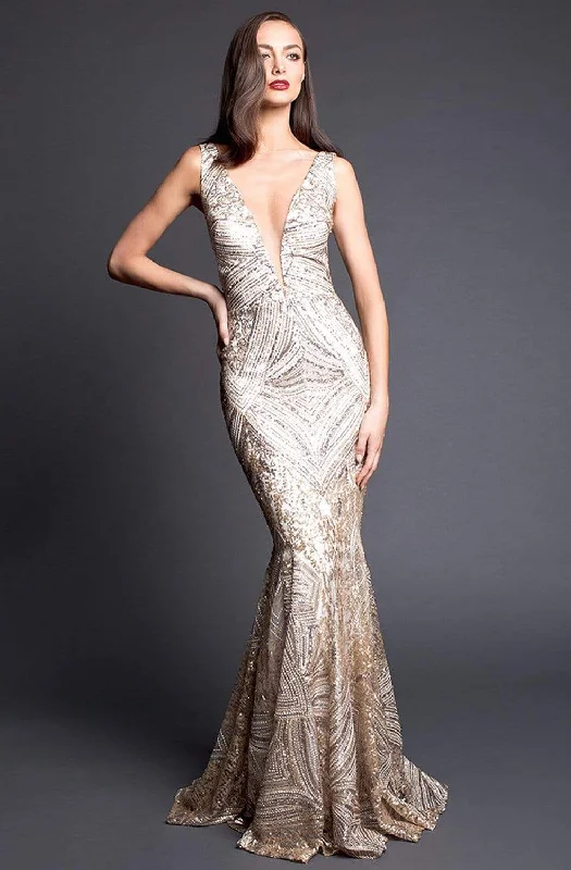 Nicole Bakti - 6935 Embellished Deep V-neck Trumpet Dress