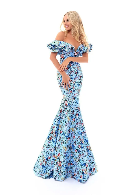 Tarik Ediz Fitted Ruffled Off Shoulder Mermaid Dress 50306 - 1 pc Blue In Size 4 Available