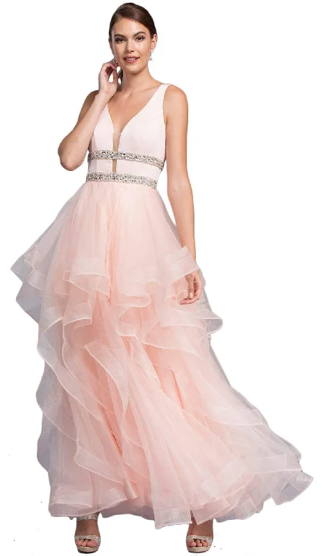 Trevi Collection - Embellished Deep V-neck A-line Prom Dress