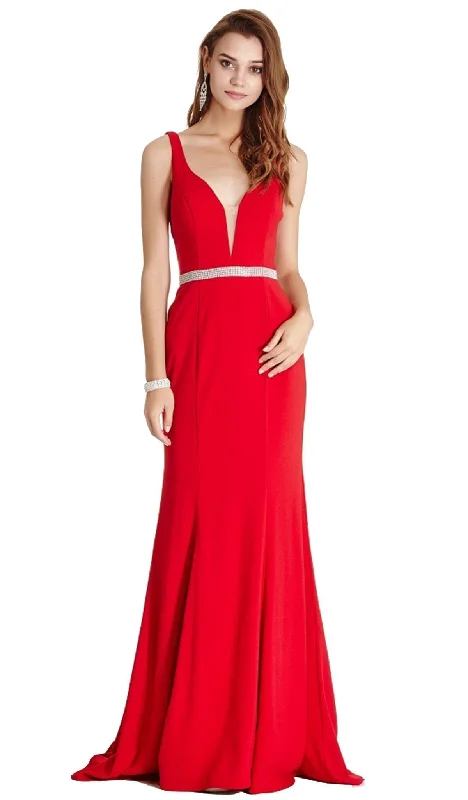 Trevi Collection - Embellished Deep V-neck Sheath Prom Dress