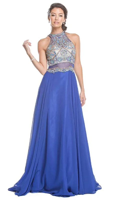 Trevi Collection - Embellished Illusion Halter A-line Prom Dress