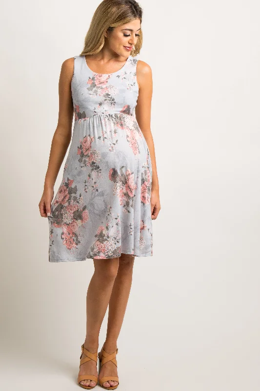 Light Grey Floral Sleeveless Maternity Dress