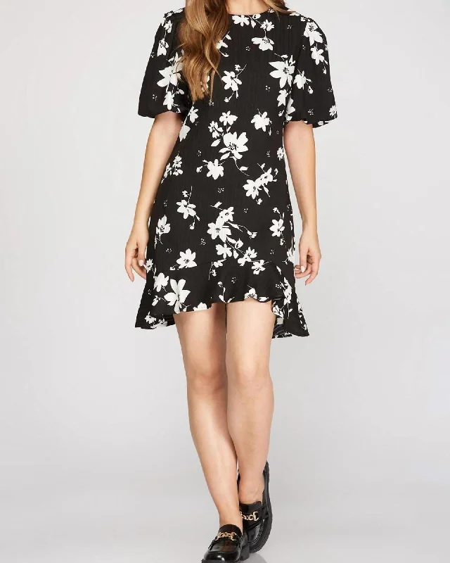 Puff Short Sleeve Print Dress In Black | Black