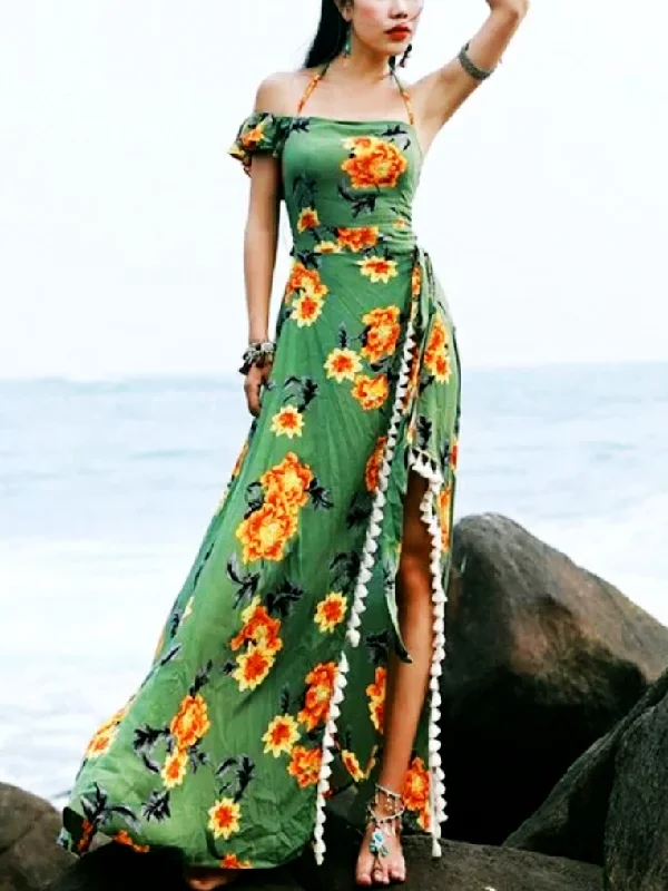 Bohemian Beach Long Skirt with Split Irregular Seaside Halter Strap Print Dress