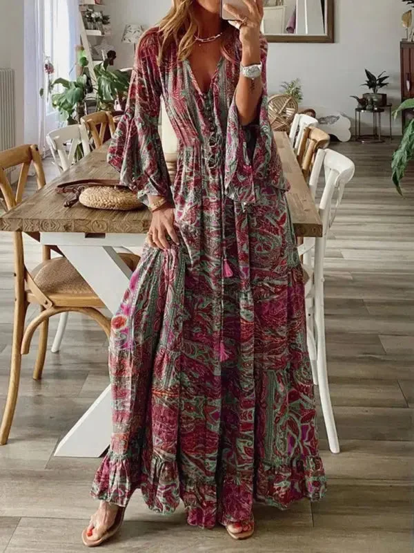 Blue Zone Planet |  Bohemian style trumpet sleeve printed V-neck high waist holiday dress floral female long skirt