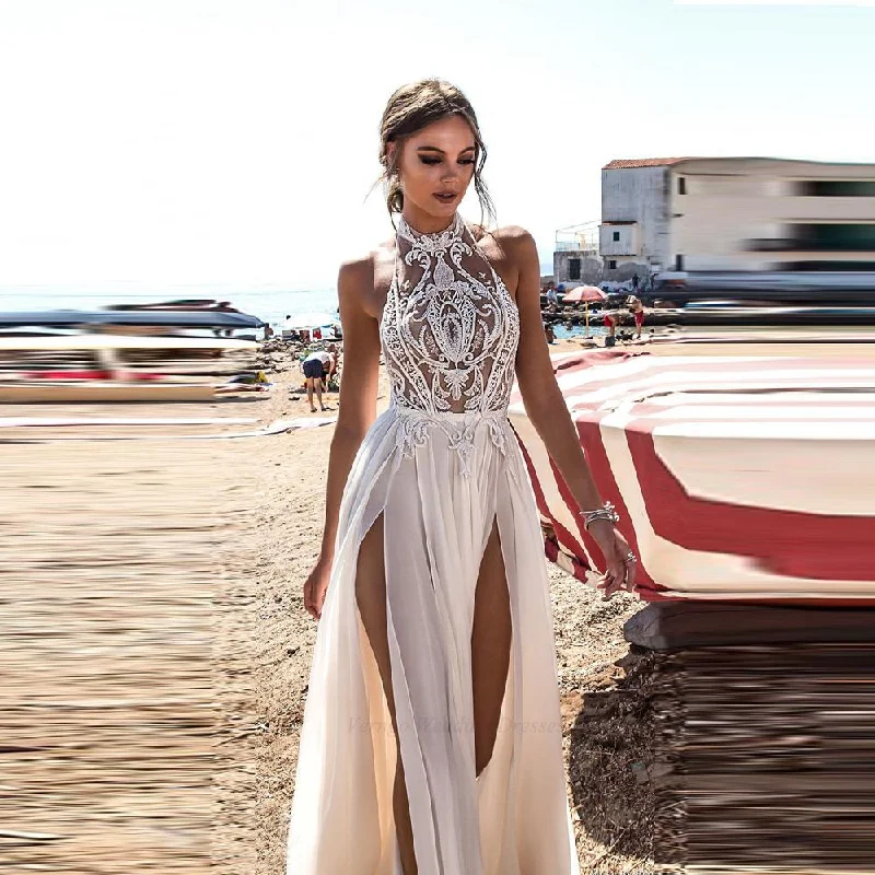 Pbong mid size graduation outfit romantic style teen swag clean girl ideas 90s latina aesthetic Beach Wedding Dress Boho Bride Gown Sexy High Side Slit Halter Lace Top Chiffon Skirt Long Backless Bridal Dresses