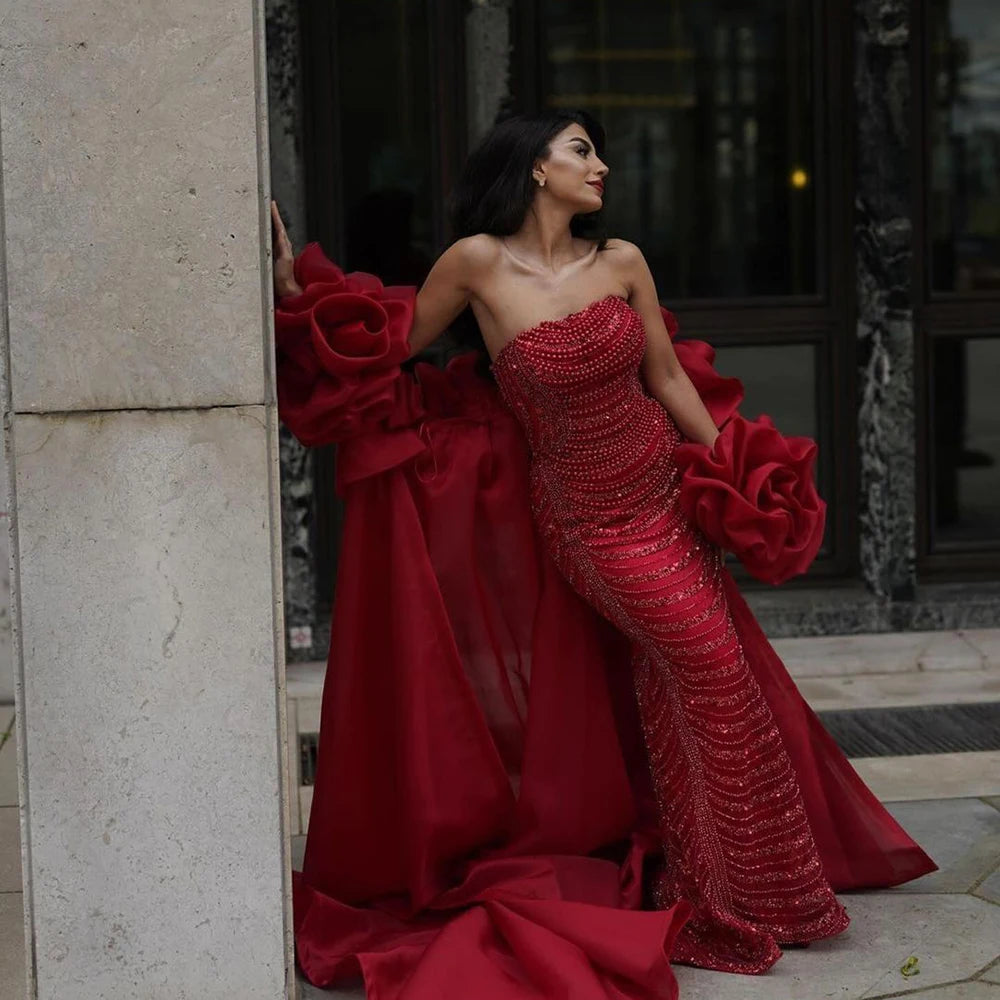 Serene Hill Red Long Cape Mermaid Evening Dresses Gowns with Puff Sleeves Beaded Overskirt and Design for Women's Party LA72585