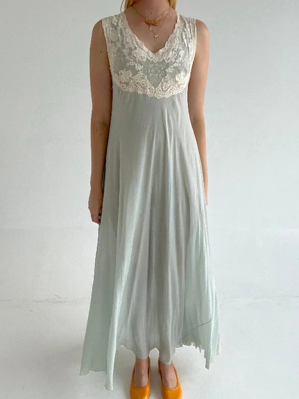 1930's Dusty Blue Chiffon Dress with White Lace