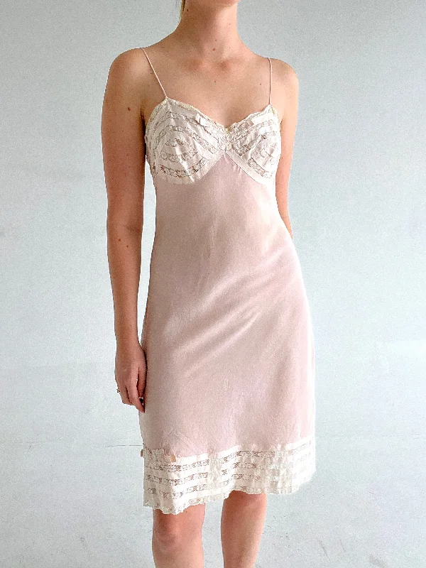 1930's Pink Silk Slip with White Lace