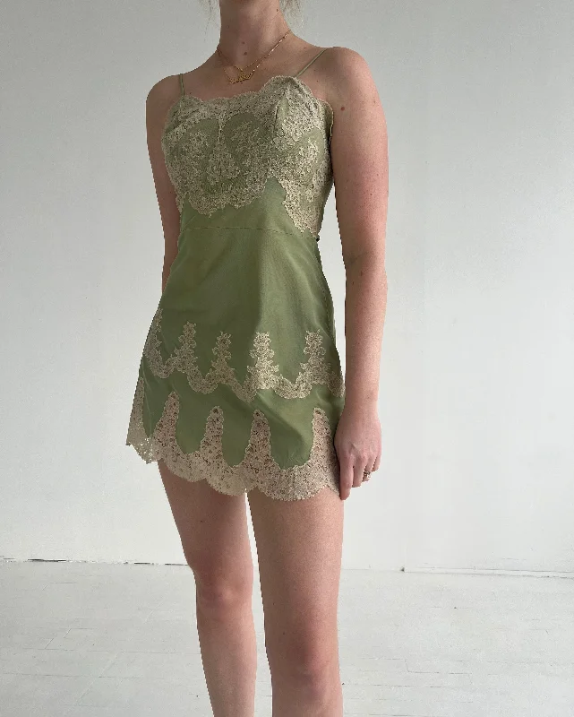 1950's Green Slip Dress with Cream Lace