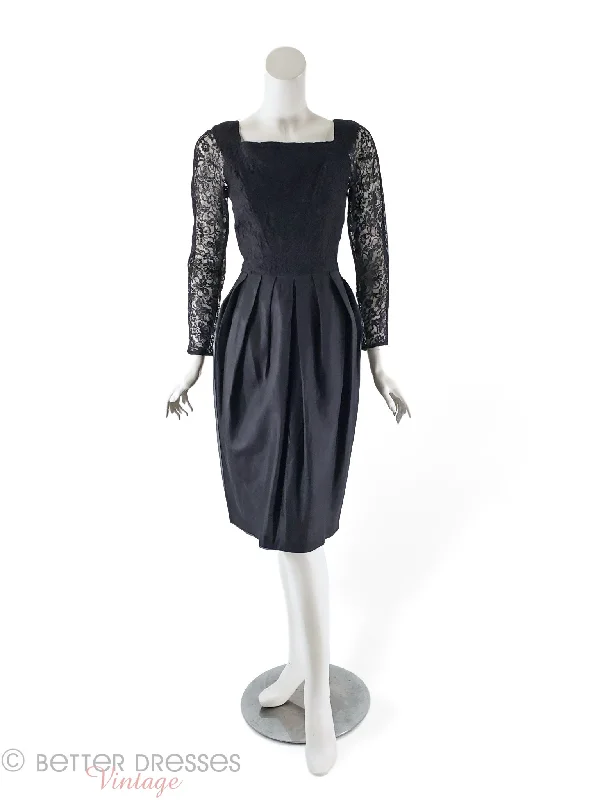 50s/60s Black Cocktail Dress With Lace Bodice - sm