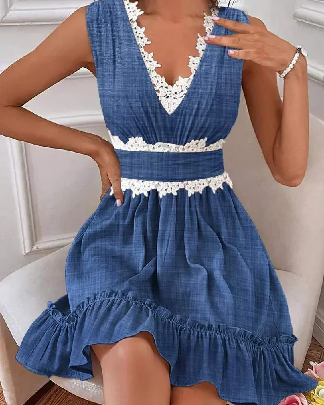 CONTRAST LACE SLEEVELESS RUFFLE HEM CASUAL DRESS