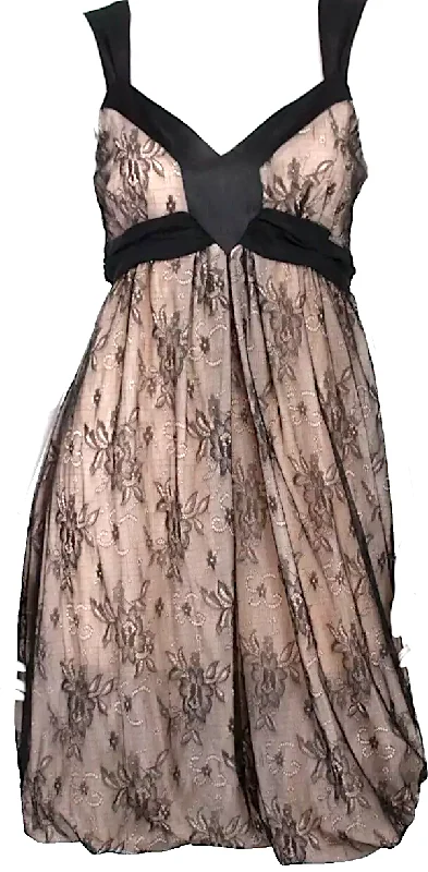 JOHN GALLIANO Paris. Black Lace Satin Trim Empire Waist Bubble Hem Shift Dress