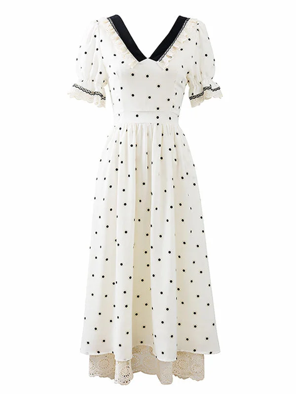 Lace V Neck Polka Dots Puff Sleeve Vintage Dress