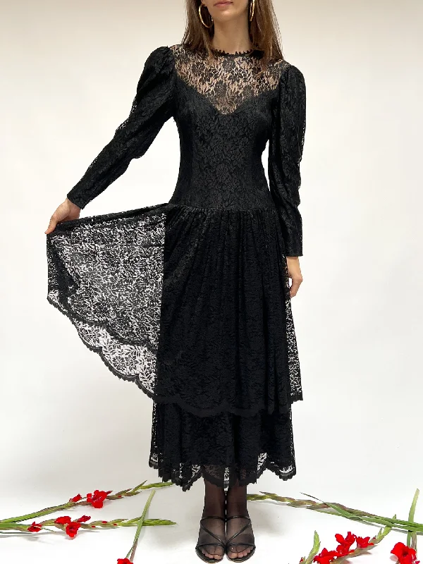 Black Lace Puff Shoulder Dress (S)