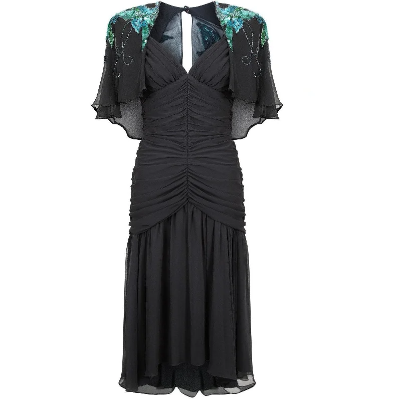 1980s Casadei Black Ruched Turquoise Sequinned Dress with Cape