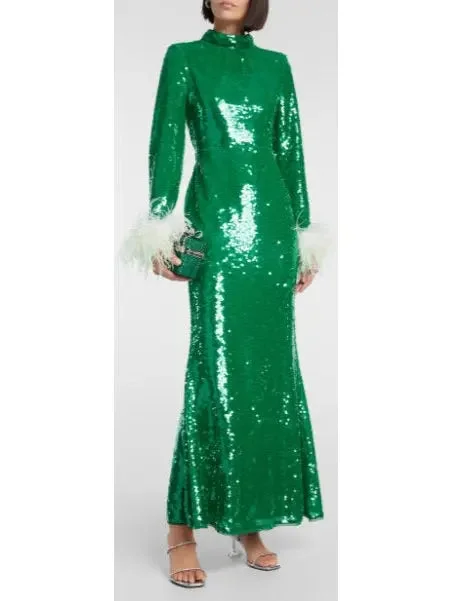 Sequined Feather-Trimmed Gown, Green