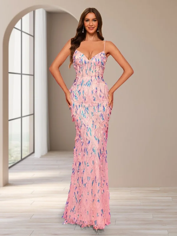 Sheath/Column Spaghetti Straps Sleeveless Floor-Length Evening Dresses with Sequins