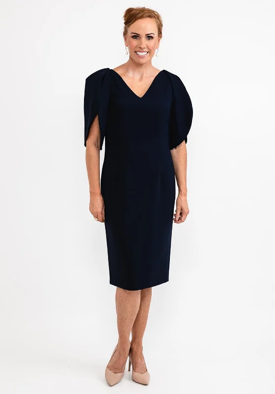 Ella Boo Oversize Tulip Sleeve Pencil Midi Dress, Navy