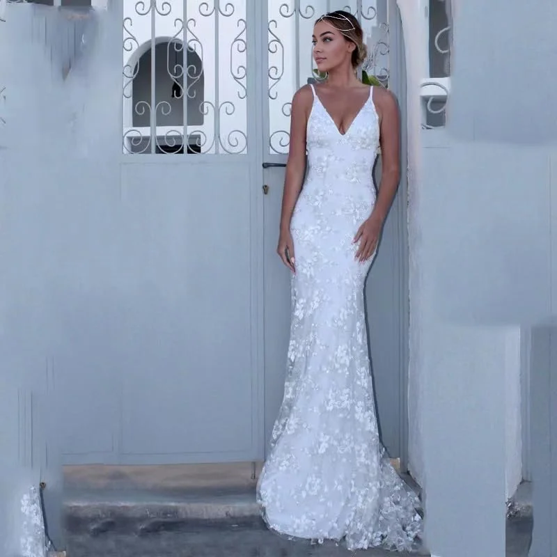 Wedding Dress Lace Applique Spaghetti Straps Mermaid V Neck Open Back Bodycon Long Bridal Gown Formal Women's Dresses