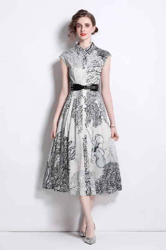 White & Black Day A-line Shirt Colar Sleeveless Midi Printed Dress