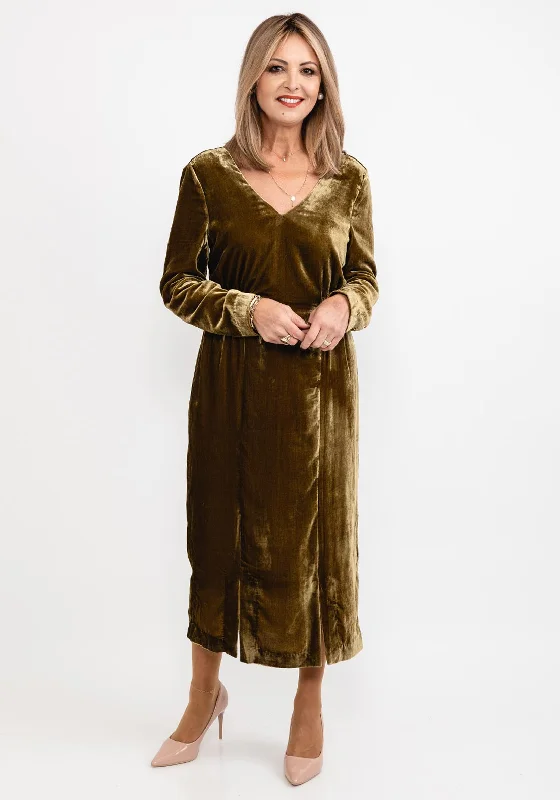 White Stuff Nadia Velvet Midi Dress, Dark Chartreuse