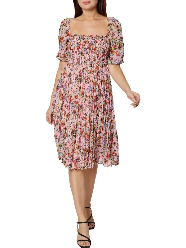 Womens Floral Pleated Midi Dress