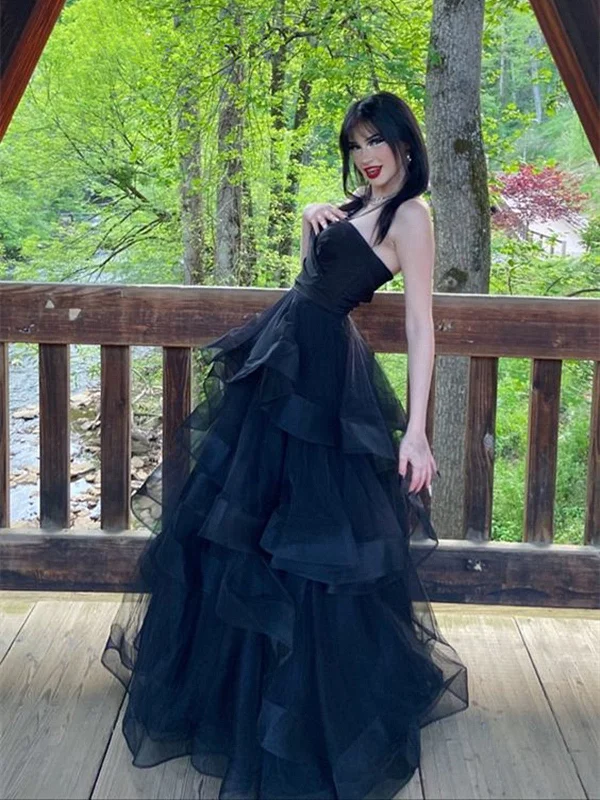 A-line Black Sweetheart Tulle Layers Formal Dress, Black Tulle Prom Dress