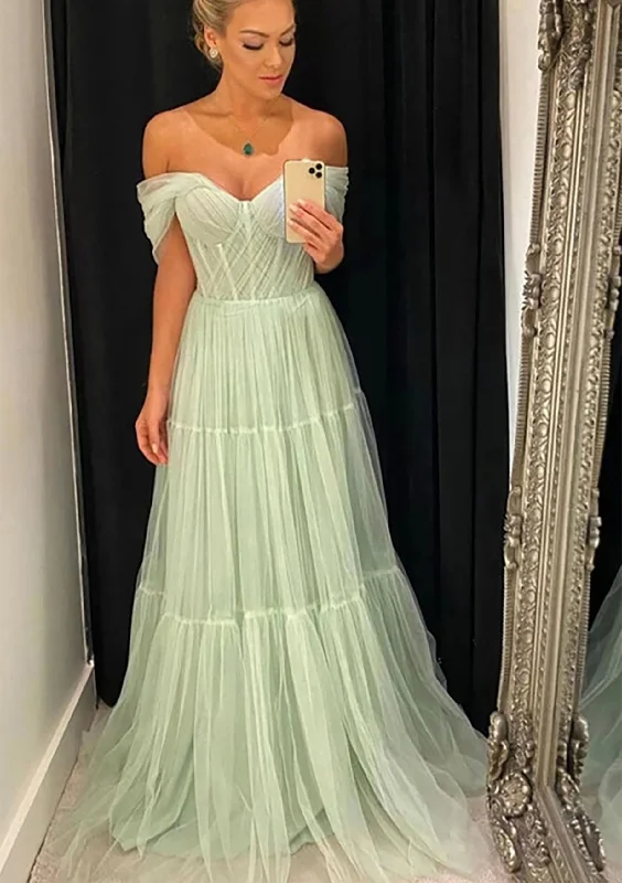 A-line Off-the-Shoulder Sleeveless Sweep Train Tulle Corset Prom Dress With Pleated Gowns