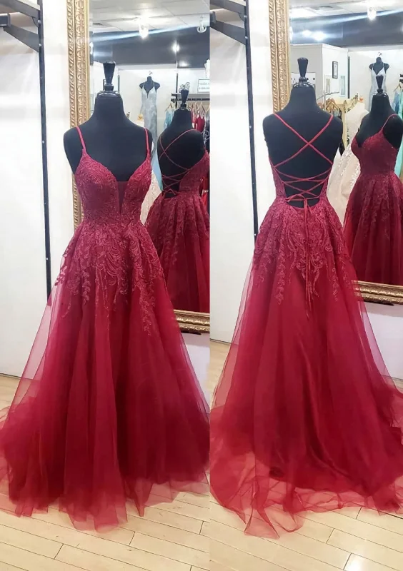 A-line V Neck Sleeveless Chapel Train Tulle Corset Prom Dress With Appliqued Lace outfit