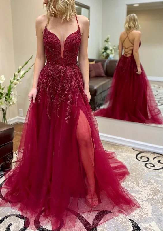 A-line V Neck Spaghetti Straps Chapel Train Tulle Corset Prom Dress With Split Appliqued Gowns